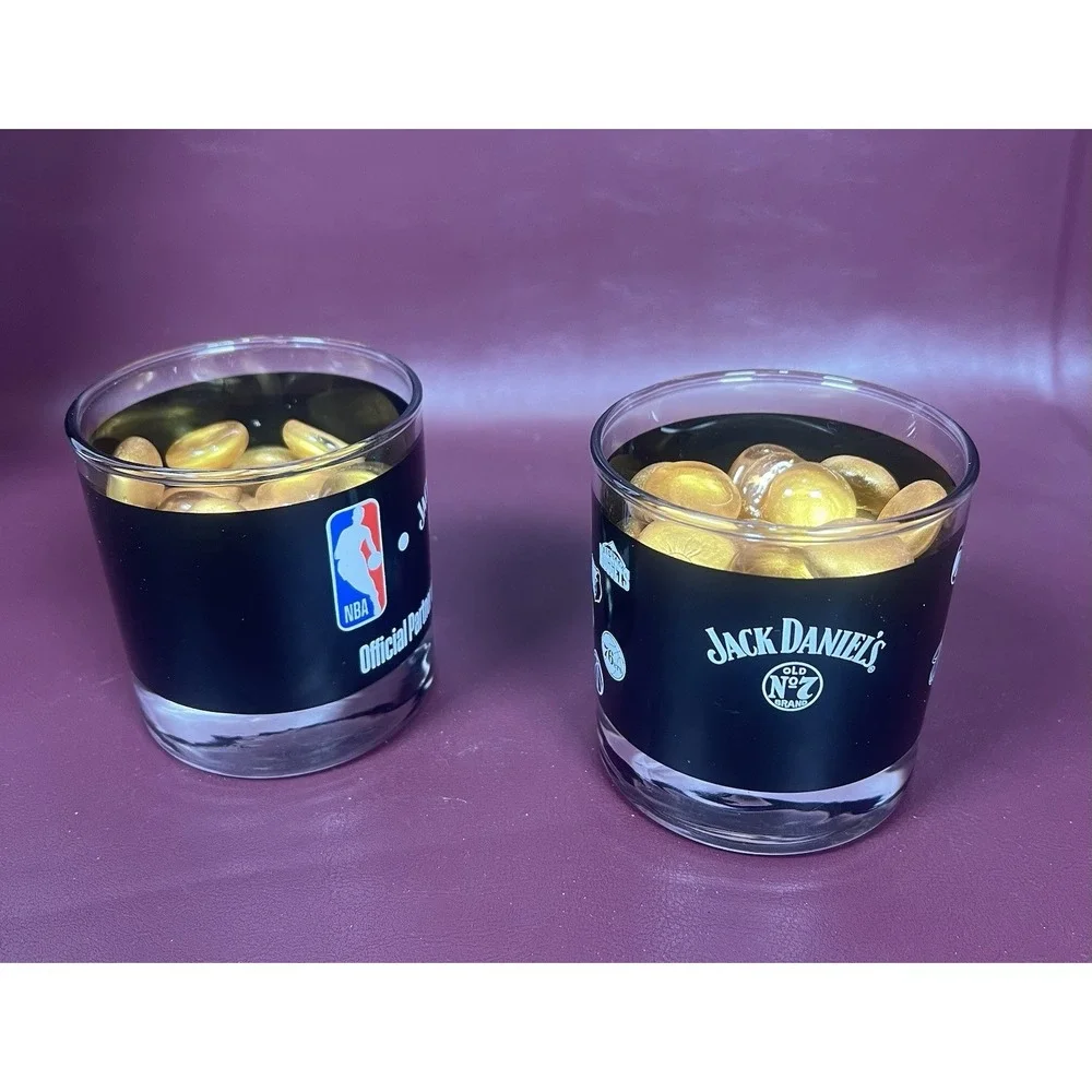 Jack Daniels Old No 7 Glass Cup Low-ball Basketball NBA Whiskey Bourbon Set Pair